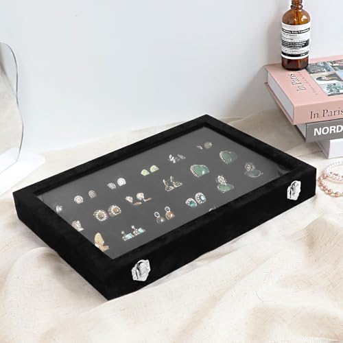 Wudygirl Jewelry Organizer 24 Grid Jewelry Tray with Clear Lid Velvet Jewelry Box Earrings Holder Organizer Jewelry Display Case (Black 24 Grid) - color: Black, size: 24 Grid