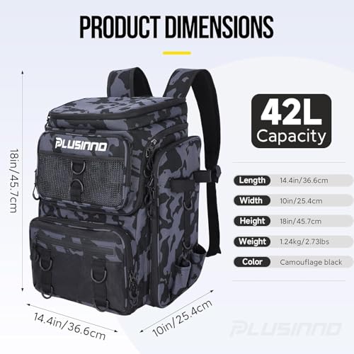 PLUSINNO Fishing Backpack with Fishing Rod Gear Holders Tackle Box, 42L Large Water-resistant Tackle Backpack Store Tools, Gear - color: Backpack With Rod
