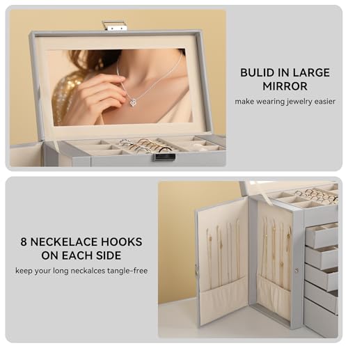 Frebeauty Large Jewelry Box,6-Tier PU Leather Jewelry Organizer,Multi-functional Storage Case with Mirror,Accessories Holder with 5 Drawers for Necklace Bracelets Watches(Grey) - color: Grey, size: Large