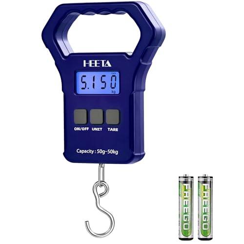 HEETA Fish Scale, 110lb/50kg Digital Portable Hanging Fishing Weight Scale with Backlit LCD Display, Luggage Scale with Hook, Non-Slip Large ABS Handle & 2 AAA Batteries, Fishing Gifts Gear for Men - color: Blue