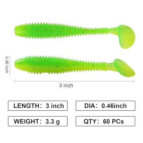 Paddle Tail Swimbaits, 2.5 inch/3inch Soft Lures Fishing Trout Crappie Bass for Freshwater and Saltwater 75PCS/60PCS - color: Green Bean, size: 3 inch, 60 PCs
