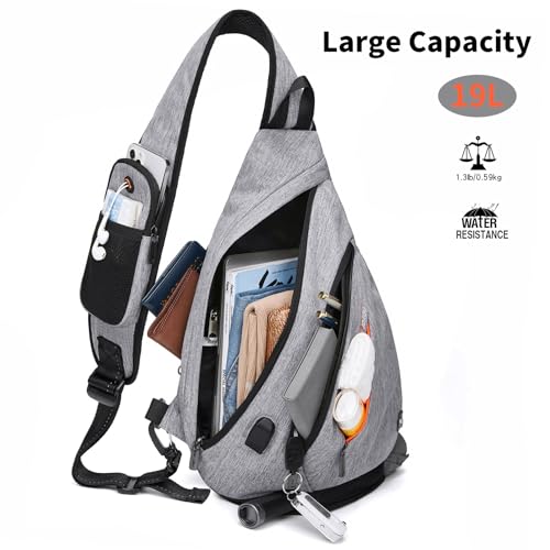 TUDEQU Large Sling Bag for Men,19L Crossbody Backpack with 8 Pocket,Gym,EDC | One Strap Backpack with Umbrella Pocket,Sling Backpack with Stability Strap, One Shoulder Backpack for Hiking,Gym,Travel - color: Gray Match Black