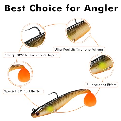 TRUSCEND Shadtale Easy Catch Soft Fishing Lures with BKK Hooks - Trembly Sinking and Vibrating Swim for More Bites, Pre-Rigged Swimbaits for Bass, Trout, Crappie, Walleye, Freshwater Saltwater Fishing - color: 3",0.23oz