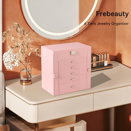 Frebeauty Large Jewelry Box,6-Tier PU Leather Jewelry Organizer,Multi-functional Storage Case with Mirror,Accessories Holder with 5 Drawers for Necklace Bracelets Watches(Pink) - color: Pink, size: Large