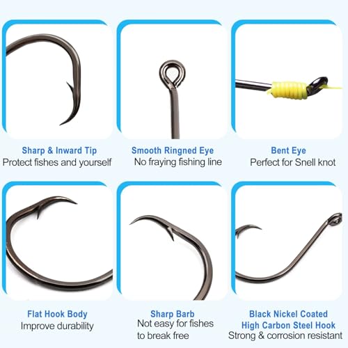 50Pcs Circle Hooks with Fishing Hook Remover, Super Sharp and Offset Catfish Octopus Circle Hooks for Saltwater and Freshwater, Nickel Coated High Carbon Steel, Sizes #1-8/0 - color: Black Nickel with Hook Remover, size: 8/0