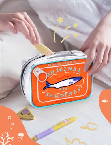Cessfle Canned Sardines Makeup Bag, Funny Sardine Tin Fish Cosmetic Bag, Creative Cute Makeup Bag Kawaii Pencil Case Pouch, Coquette Make up Pouch for Women… - color: Orange mix Blue