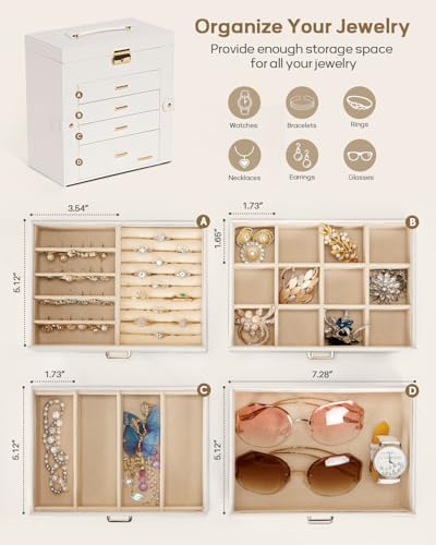 Homde Synthetic Leather Huge Jewelry Box Mirrored Watch Organizer Necklace Ring Earring Storage Lockable Gift Case (White + Gold) - color: White + Gold