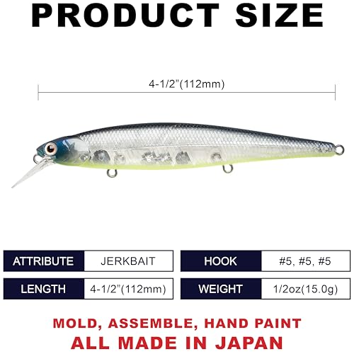 LUCKY CRAFT Slender Pointer 112 MR Fishing Lure, 4.5" Suspending Jerkbait, 4-5 ft Depth, Long Casting, Freshwater Trout and Bass Lures, Bass Fishing Gear and Tournament Hard Bait - color: 371 Bone Pro-Blue