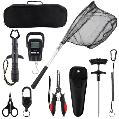 Hikary 10 Pcs Fishing Tool Kit,Folding Fishing Net Set with Storang Bag,Pliers with Lanyard and Protective Sheaths,Hook Remover,Fish Gripper,Fish Scale,Scissors for Fisherman Travel Gifts - color: Black