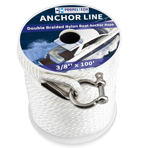 Anchor Rope Braided Anchor Line(White, 3/8" x 100') Premium Solid Braid MFP Boat Rope with Stainless Steel Thimble & Shackle, Quality Marine Line, Boat Accessories - style: 3/8" x 100'