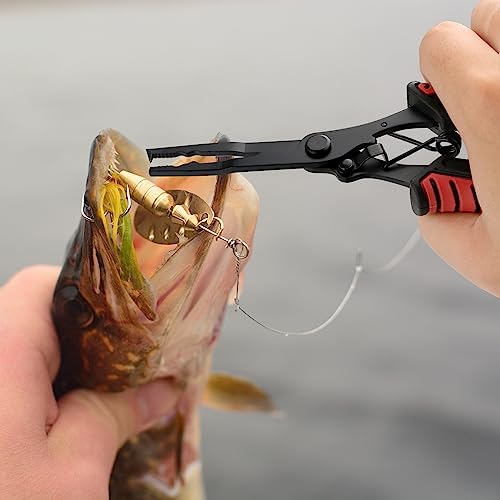 mouhike Fishing Pliers Fish Lip Gripper Fishing Tool Kit Muti-Function Saltwater Fishing Line Cutter Hook Remover with Sheath Lanyard, Fly Ice Fishing Gear Fishing Gifts for Men Women - color: Red & Black