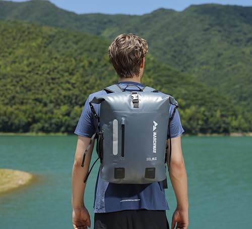 MARCHWAY Roll Top Waterproof Backpack, Floating Dry Bag 20L/30L/45L with Ergonomic Rectangular Base, Cushioned Back, Hip Strap for Hiking Camping Kayaking Travel (Grey, 30L) - color: Grey, size: 30L