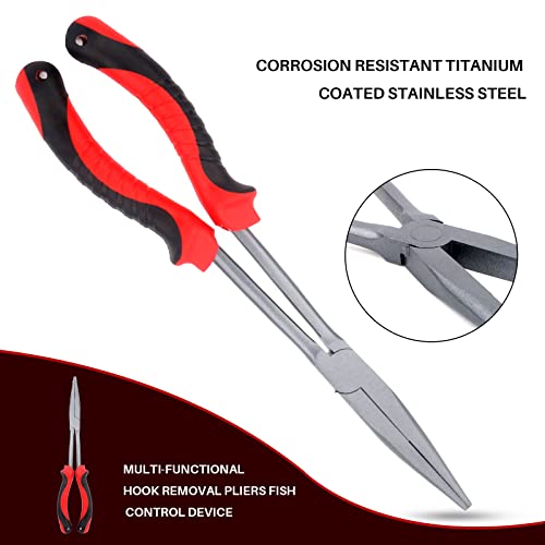Hikary Long Nose Fishing Pliers, Stainless Steel Hook Remover Braid Cutter Rustproof Multi-Tool Fishing Gripper for Freshwater Saltwater - color: Red-11inch