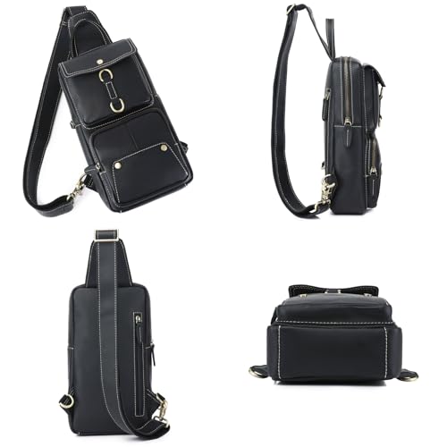 Genuine Leather Sling Bag for Men Women Shoulder Backpack Satchel Crossbody Chest Casual Outdoor Daypack - color: #03black
