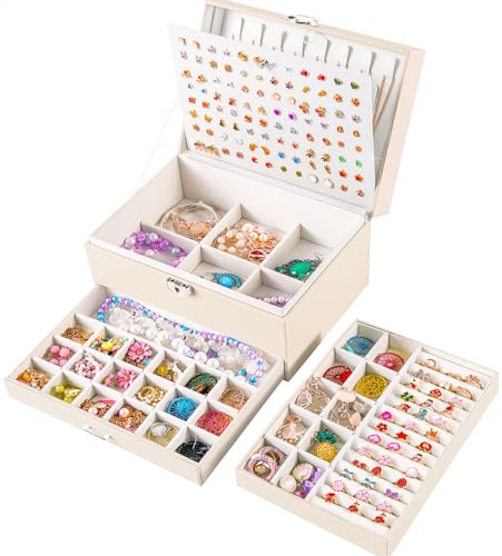 QBestry Earrings Jewelry Box for Girls, 5 Layers Jewelry Organizer with Earring Holder Organizer for Girls Earring Organizer Jewelry Boxes for Women Earrings and Necklaces Jewelry Box Organizer Beige - color: Beige, size: Large