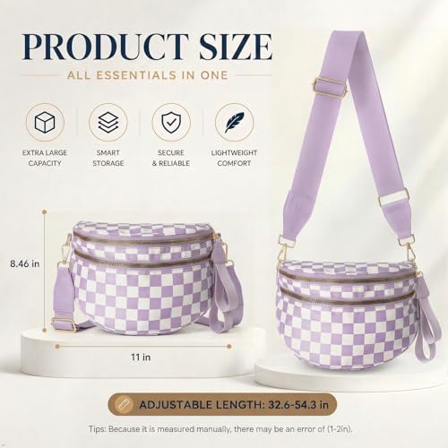 Womens Crossbody Bag, Spacious Nylon Bum Bag Trendy Shoulder Purse with Adjustable Strap Zipped Travel Essentials - color: 11a-purple