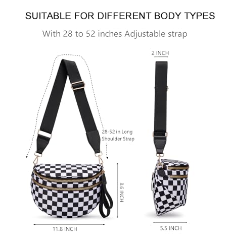 Pure Colour Crossbody Bum Bags for Women Spacious Checkered Cross body Bag Nylon Trendy Fanny Pack for Travel - color: Black and White Checkered
