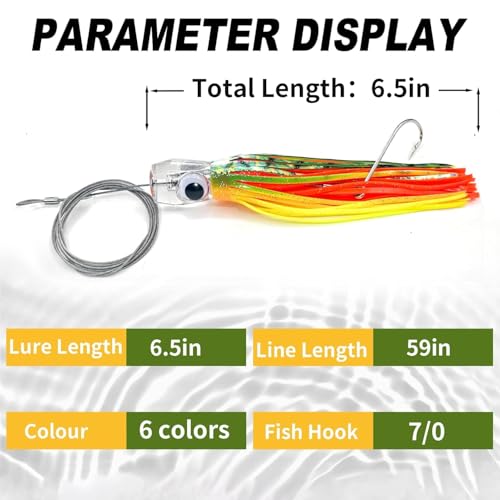 YOTO Trolling Lure Saltwater,6.5/9 inch 6 pcs Squid Skirted Deep Sea Fishing Lure kit,Tuna,Marlin,Wahoo,Shark,Mahi Trolling Fishing Lures - color: 6.5in - 6pcs