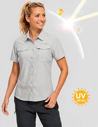 Haimont Women's UPF 50+ Short Sleeve Hiking Button Down Shirt | Quick-Dry Stretch, Mesh Back Vents, 2 Chest Pockets + Zip Pocket, Sunglasses Loop, Lens Cloth, Travel - color: Light Grey, size: X-Small