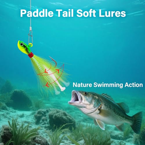 Dr.Fish 3 Pack Bucktail Jigs with Paddle Tail Swimbait Trailer, Saltwater Fishing Hair Jigs Buck Tail Lure White Surf Fishing Mackerel Flounder Bluefish Snapper - color: White, size: 3oz-Hook 7/0