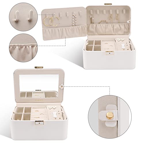KAMIER Travel Jewelry Box, 2 Layers PU Leather Portable Jewelry Organizer, Large Capacity, Double Lock and Large Mirror, Hidden Necklace Hooks, Removable Dividers, Gift Box Packaging, White - color: White, size: mirror