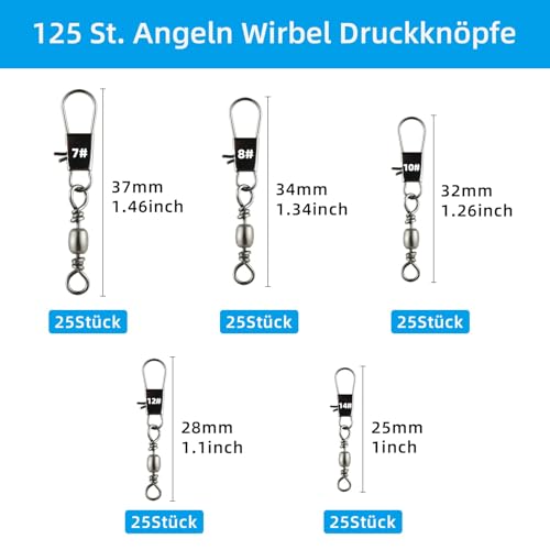 Realure 125 Pcs Barrel Snap Swivel Fishing Rolling Ball Bearing Swivels with Safety Snap 7# 8# 10# 12# 14# Quick Change Fishing Connector with Ball Bearing Swivels Snaps for Connecting Hooks & Lures