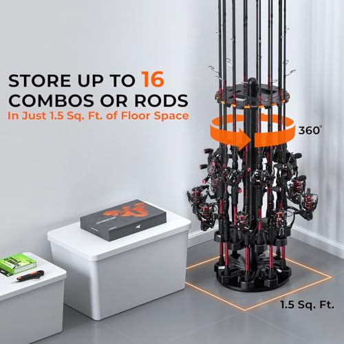 KastKing V16 Rotating Fishing Rod Holder for Garage, Floor Rack Holds Up to 16 Rods & Combos, Space-Saving Pole Organizer with Foam, Durable ABS, Fishing Gear Storage Gift for Men - size: V16 with Rotating Base