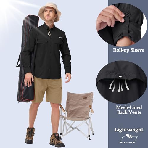 Satankud Mens Long Sleeve Fishing Shirts UPF 50+ Sun Protection Cooling Hiking Shirt for Travel Safari Work - color: Black, size: Medium
