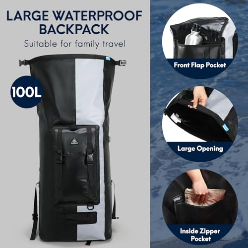 Haimont 100L Waterproof Backpack Large Roll Top Dry Backpacks Marine Dry Bags with Air Valve Travel Surfing Black/Grey - color: Black/Grey, size: 100L