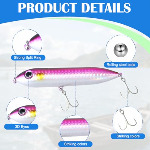 6 Pcs Topwater Fishing Lure, Top Water Lures for Saltwater and Freshwater, Rattling Line Float Lure, Pencil-Shaped Lures Simulated Fishing Hooks 0.46 oz, for Catfish Bass, Mullet