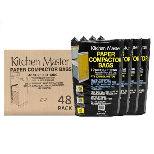 Kitchen Master Super Strong Compactor Bags (48 Pack) | Precuffed, Garbage Compactor Bags, Hardware for Kitchens, Paper Trash Bag, Kitchen Essential, Paper & Plastic Lined - size: 1 Count (Pack of 48)
