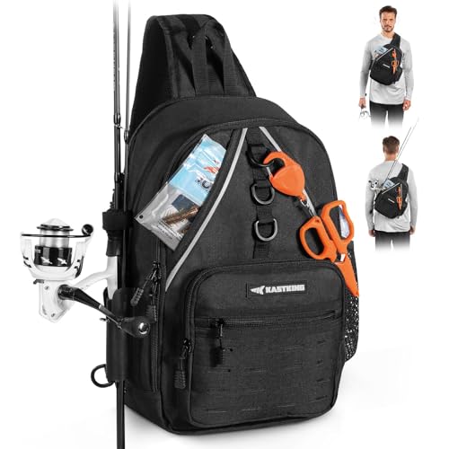 KastKing Karryall Sling Tackle Bag–Fishing Sling Pack,Fishing Backpack With Rod Holder,MOLLE System,Soft Bait & Gear Storage - color: A: Black