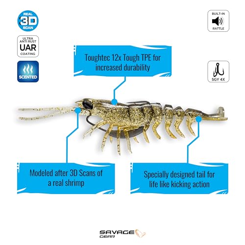 Savage Gear Manic Shrimp V2 Soft Plastic Fishing Bait, Realistic Contours, Colors and Movement, Durable Construction, Weighted Ultra-Sharp Jig Hook - color: Gold, size: 3 1/2 in - 3/8 oz