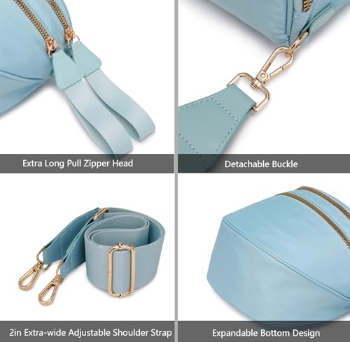 Pure Colour Crossbody Bum Bags for Women Spacious Checkered Cross body Bag Nylon Trendy Fanny Pack for Travel - color: Light Blue