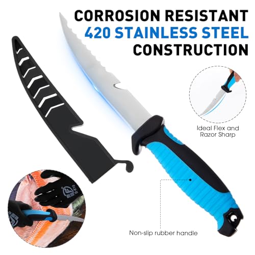 RoundFunny 10 Pcs Fishing Tool Kit, Fishing Pliers with Lanyard and Protective Sheaths, Landing Net, Fillet Knife, Fish Scale, Gripper, Hook Remover, Braid Scissors, Gloves for Men Dad Gift - color: Blue