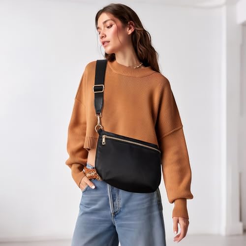 KALIDI Black Crossbody Bags for Women Travel Flat Fanny Packs for Woman Men Nylon Cross Body Purse Fashion Belt Bum Bag - color: Pure Black