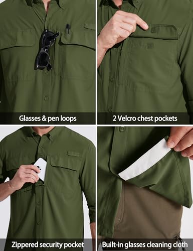 MAGCOMSEN Men's Sun Protection Fishing Shirts Long Sleeve UPF 50+ Quick Dry Cooling Button Down Shirt for Hiking Safari - color: Army Green, size: X-Large