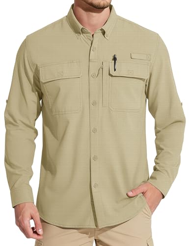 MAGCOMSEN Men's Sun Protection Fishing Shirts Long Sleeve UPF 50+ Quick Dry Cooling Button Down Shirt for Hiking Safari - color: Light Khaki, size: Medium