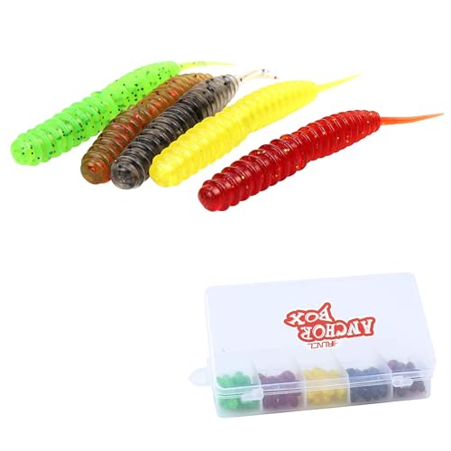 RUNCL Anchor Box - Paddle Tail Swimbaits, Soft Jerk Baits, 20/40/50/60pcs Soft Fishing Lures, Curved Tail Grubs - 3D Lifelike Eyes, Split/Boot/Curved/Straight/Thin Tail - 1/2/3/4/5in, Proven Colors - color: T - Straight Tail Worms (2-1/3in, 50pcs)