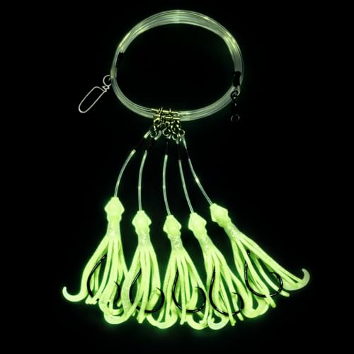 End Game Tackle Deep Drop Rig – Made in USA – New Super Stretch Glow Squid – NOAA Compliant Non-Offset Circle Hooks for Bottom Fishing - color: Chartreuse Glow, size: 6/0 – 5 Hook