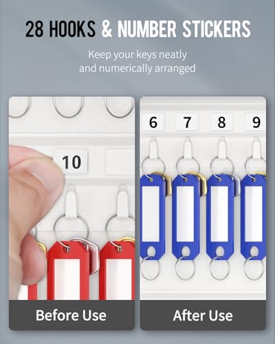 Uniclife 28 Position Key Cabinet with Key Lock Wall Mounted White Security Storage Box Steel Key Organizer with Colorful Key Tag Labels Stickers and Hooks - color: White, size: 28-Key