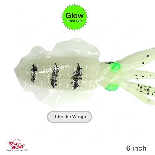 5pcs Chartreuse Glow Fish WOW! 6" Chase Squid Skirt Luminous Realistic Squid Octopus baits 3D Large Eyes Premium Quality Soft Plastic Fishing Lures Green