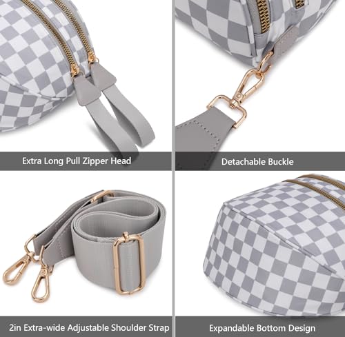 Pure Colour Crossbody Bum Bags for Women Spacious Checkered Cross body Bag Nylon Trendy Fanny Pack for Travel - color: Light Grey Checkered