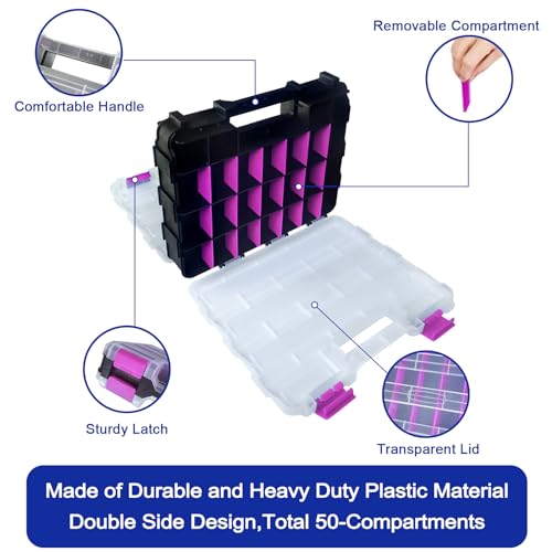 Tools Organizer Box Small Parts Storage Box 50-Compartment Double Side Hardware Organizers with Removable Plastic Dividers for Screws, Nuts, Nails, Bolts, Purple - color: Purple