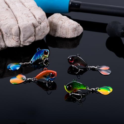 Goture Fishing Lures VIB Tail Spinners Bait Set, Two-Way Spinning Spoon System with Kona Treble Hook, Fixed Tube Anti-Tangle, 3D Eyes Sinking Lures with Tackle Box, Fishing Jigs Fishing Spinner Blade - color: B: 1/4 oz - 4 Pcs with Box