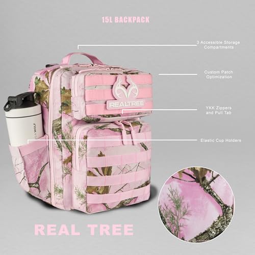 WOLFpak 15L Slim Tactical Gym Backpack (Realtree APX Flushing Pink) Durable 1000D Waterproof Oxford Material | Minimalist Daypack w/Laptop Pocket & Dual Cup Holders | - color: Realtree Apx Flushing Pink