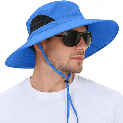 Wide Brim Sun Bucket Hat, Waterproof Boonie Hat for Men & Women | UPF 50+ UV Protection, Adjustable Fit, Chin Strap & Sweatband, Foldable Durable for Fishing Hiking Garden Beach - color: 01 Blue