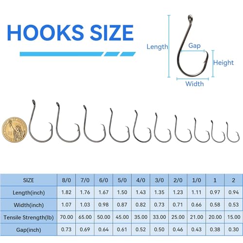 50Pcs Circle Hooks with Fishing Hook Remover, Super Sharp and Offset Catfish Octopus Circle Hooks for Saltwater and Freshwater, Nickel Coated High Carbon Steel, Sizes #1-8/0 - color: Black Nickel with Hook Remover, size: 6/0