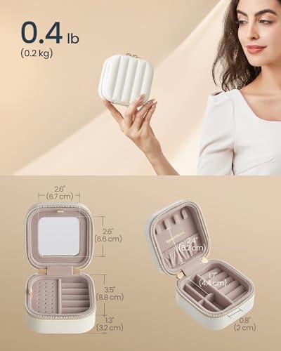 SONGMICS HOME Travel Jewelry Case, Small Jewelry Box Organizer with Mirror, 4.1 x 4.1 x 2.4 Inches, Stitching, Portable, Gift Idea, Cloud White UJBC179W01 - color: Cloud White, size: 4.1"W