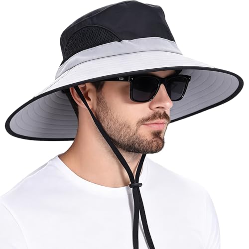 Wide Brim Sun Bucket Hat, Waterproof Boonie Hat for Men & Women | UPF 50+ UV Protection, Adjustable Fit, Chin Strap & Sweatband, Foldable Durable for Fishing Hiking Garden Beach - color: 02 Light Grey+black